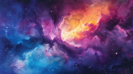 Fototapeta premium vivid watercolor depiction of a mesmerizing nebula, showcasing vibrant swirling colors and interstellar clouds in a dreamy, ethereal style