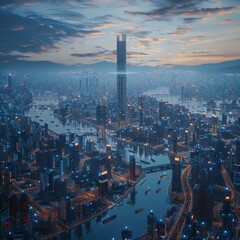 Fototapeta premium wide-angle view of a bustling city skyline seamlessly integrated with IoT devices, glowing with a futuristic vibe, using photorealistic digital rendering techniques