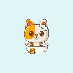 Cute cat bathing time in bathtub kawaii chibi character mascot illustration outline style design
