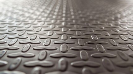 A detailed shot of a light gray vinyl car floor mat with a subtle geometric pattern and a raised border for liquid containment.