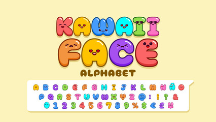 Kawaii cute faces, Kawaii emoticons, adorable characters alphabet. Uppercase Letters, vector font.