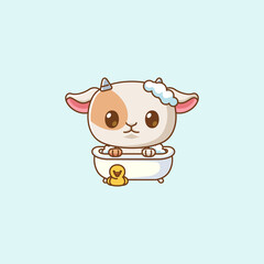 Cute goat bathing time in bathtub kawaii chibi character mascot illustration outline style design