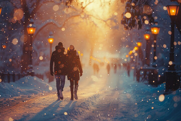 portrait of a couple in winter park during snow. perfect cover for romance books or love stories.generative ai