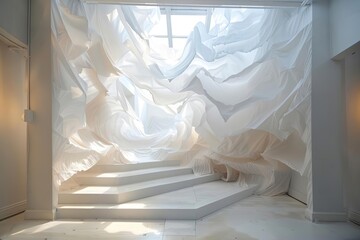 Modern art installation with flowing white fabric, creating a dreamy and surreal environment in a minimalistic space, beautifully illuminated.