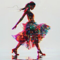Silhouette of a woman in a colorful pixelated dress walking gracefully on water, exuding an abstract and futuristic vibe.