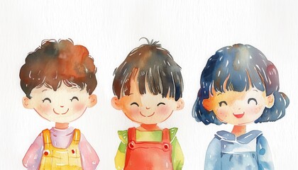 Playful children smiling together, showcasing friendship and joy in a colorful watercolor illustration.