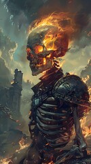 Naklejka premium Skeleton with fire eyes and an evil helmet in front of ancient ruins and dark clouds.