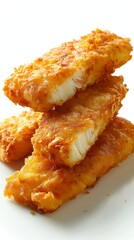 Golden Crispy Fried Fish Fingers Macro View on White Background - Irresistible Appetizing Bite for Food Enthusiasts and Bloggers.