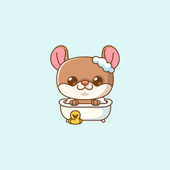 Cute mouse bathing time in bathtub kawaii chibi character mascot illustration outline style design