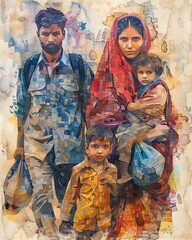 Fototapeta premium Artistic family portrait of four, showcasing cultural attire, vibrant colors, and emotional expressions.