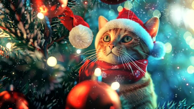 a festive wallpaper featuring cute cat dressed in Santa hats and scarves,  christmas decoration tree. seamless looping time-lapse virtual 4k video  animation background