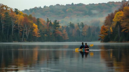 Fototapeta premium A couple paddles a kayak on a lake surrounded by autumn leaves.