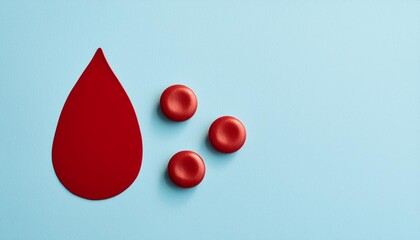 Fototapeta premium drop of blood and red blood cells on pastel blue background iron deficiency anemia concept low red blood cell top view