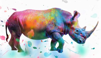 capture the essence of conservation with a dynamic stock photo showcasing an abstract rhinoceros illustration in vibrant colors and pointillism style encouraging awareness