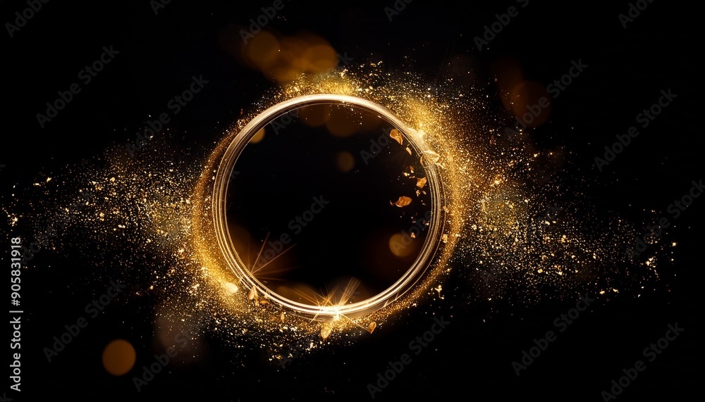 Poster dynamic gold glitter circle brilliant shine sparkles and golden particles exploding in a circle fram