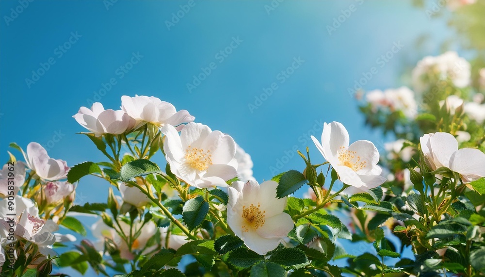 Wall mural beautiful spring border blooming rose bush on a blue background flowering rose hips against the blue sky soft selective focus