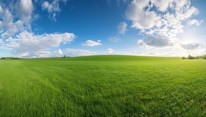 Obraz premium panoramic view of a beautiful green grass field with a blue sky and white clouds in the background