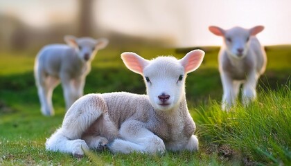 Fototapeta premium front view of a small lamb at amsterdam the netherlands 5 5 2024two small lambs lying in the grass at abcoude the netherlands 5 5 2025