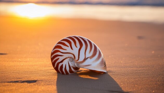 a nautilus seashell on a sandy beach during sunset
