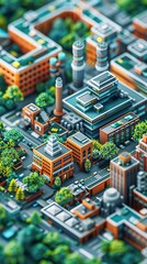 A detailed miniature city model with buildings, streets, and greenery, showcasing urban design and architecture in a vibrant setting.