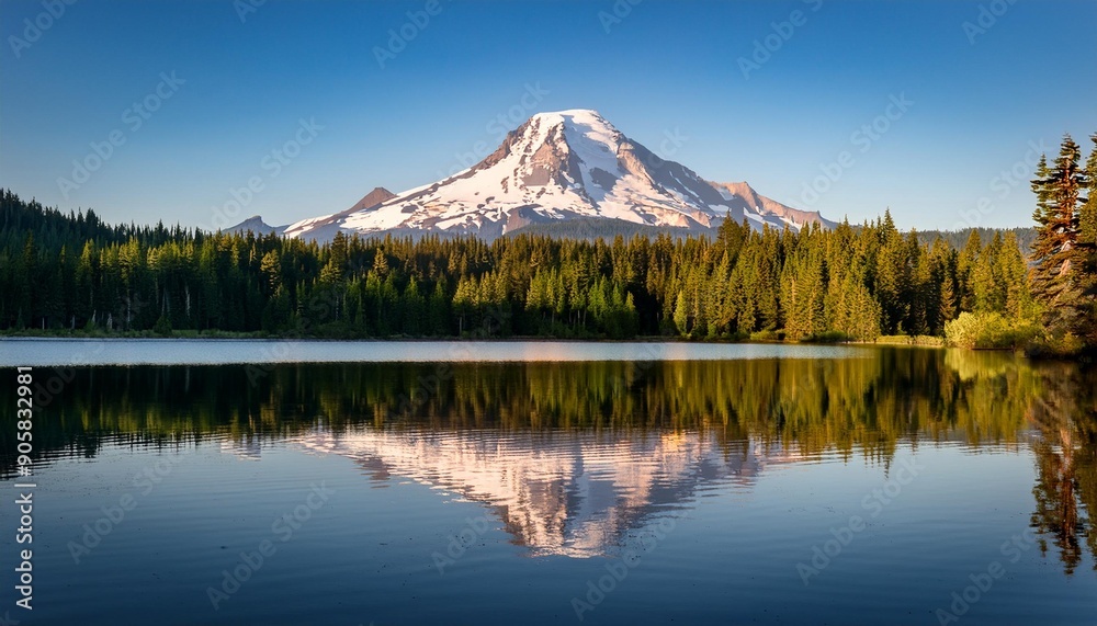 Poster mount hood part of the cascade range perfectly reflected in the still waters of trillium lake oregon