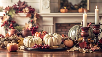 Sophisticated Thanksgiving Centerpiece with Candles and Leaves