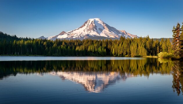 mount hood part of the cascade range perfectly reflected in the still waters of trillium lake oregon