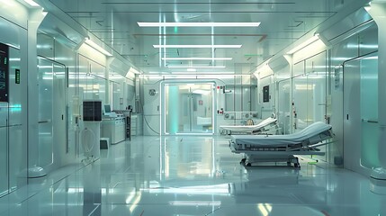 Obraz premium Futuristic hospital corridor with advanced medical equipment and empty beds, showcasing a modern, sterile healthcare environment.
