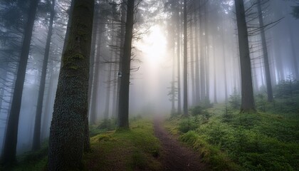 Fototapeta premium mysterious foggy forest with tall trees and an ethereal glow