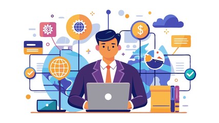 This captivating scene highlights the tech-savvy professional, utilizing a laptop to connect and access information, symbolizing the future of a connected business landscape.