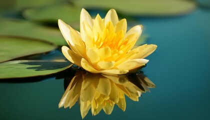 yellow water lily on the water surface with reflection in a pond
