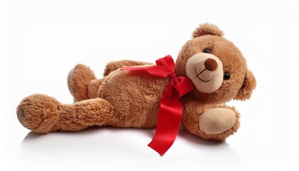 stuffed teady bear with red bow isolated on white