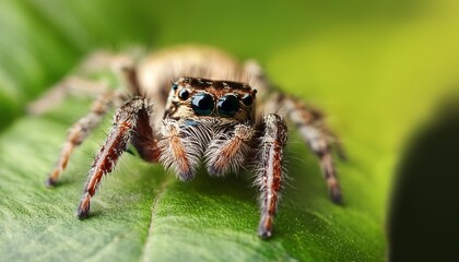 Fototapeta premium jumping spider macro close up on green leaf nature background insect