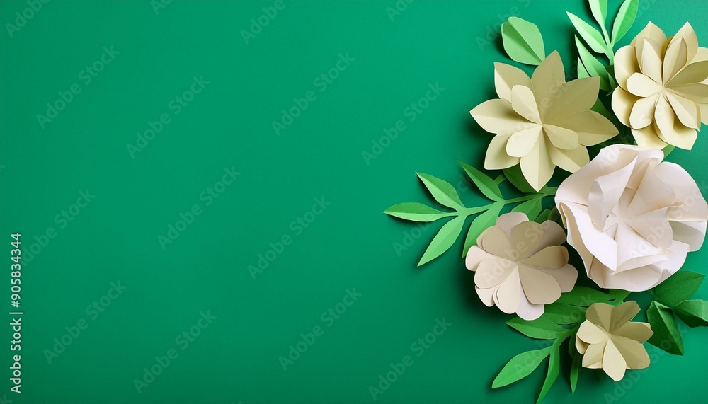 Wall mural paper cut flowers on green background with copy space