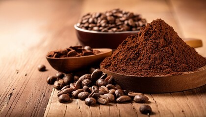 cocoa powder and coffee beans on a wooden table