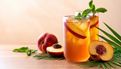 peach cocktail iced peach tea fruit drink with fresh fruits and tropical leaves