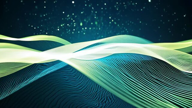 Abstract green iridescent 3d computer waves flowing in the empty dark blue green space. Floating electro magnetic signal simulation for tech corporative presentation or promo clip.