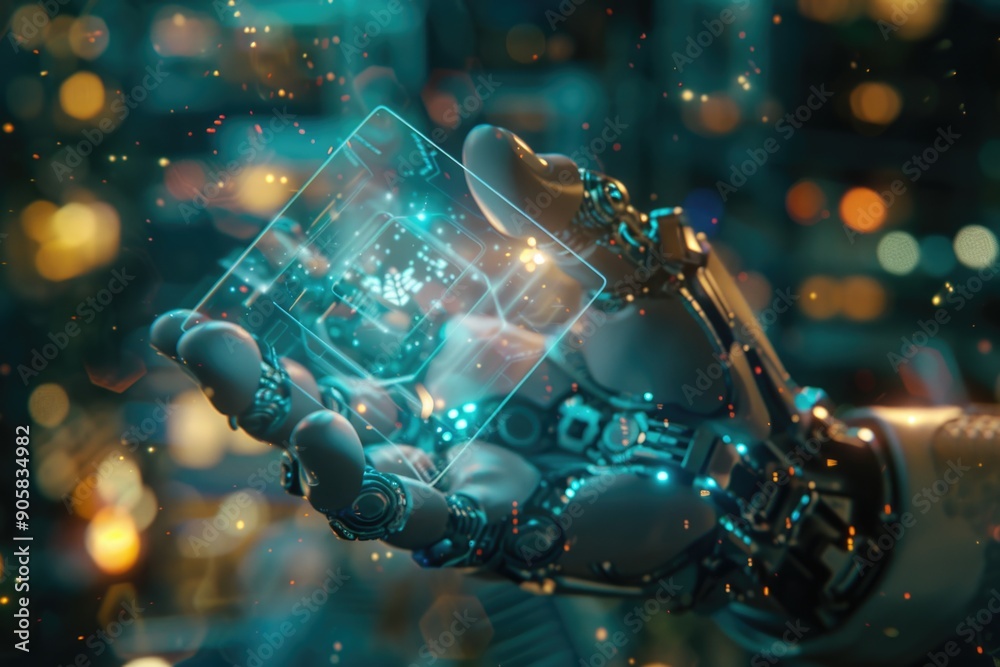 Poster A robot hand holds a glass block with glowing lights in the background, ideal for technology and innovation illustrations