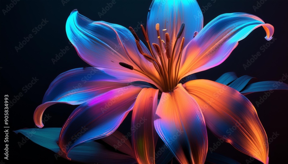 Sticker vibrant digital art of a multicolored lily flower against a dark background vivid blue orange and purple colors ideal for nature generative ai