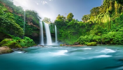 detailed illustration majestic waterfall and green jungles natural landscape scenery of wild nature