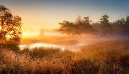Fototapeta premium the gorgeous autumn misty sunrise scene on the wetland foggy morning at scenic high grass copse
