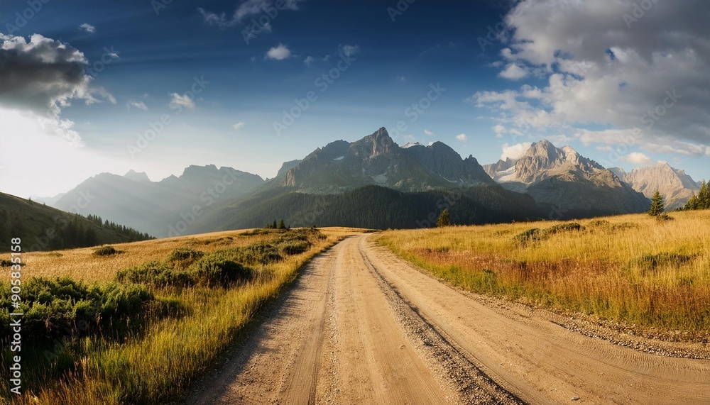 Sticker dirt road to the mountains wide panorama