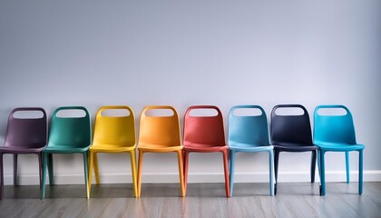 Naklejka premium multiple colorful chairs arranged in a row against a wall