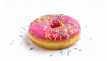 pink donut with colorful sprinkles isolated on white background side view
