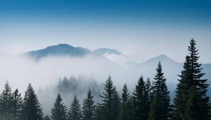 mountains pine trees in front of a misty sky soft blues grays create a peaceful setting