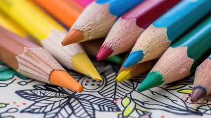 Close-up of colorful pencils on detailed drawing leaves and berries