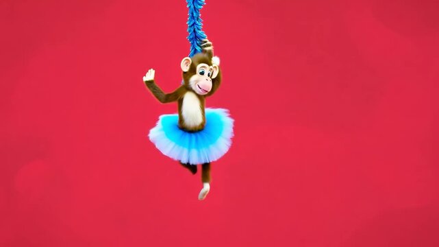 Cheerful Monkey in Tutu Swinging on Blue Vine Against Red Background Generative AI
