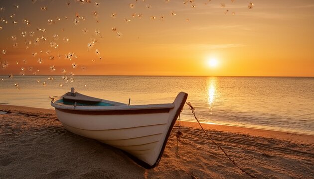 ruderboot liegt am strand im sonnenuntergang mit tanzenden insekten