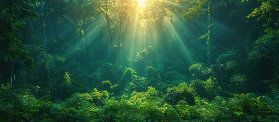Fototapeta premium Sunbeams Filtering Through a Lush Rainforest