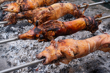 A pig grilled traditional coal and fire. 